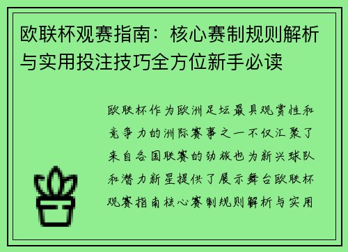 欧联杯观赛指南：核心赛制规则解析与实用投注技巧全方位新手必读