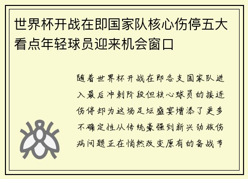 世界杯开战在即国家队核心伤停五大看点年轻球员迎来机会窗口